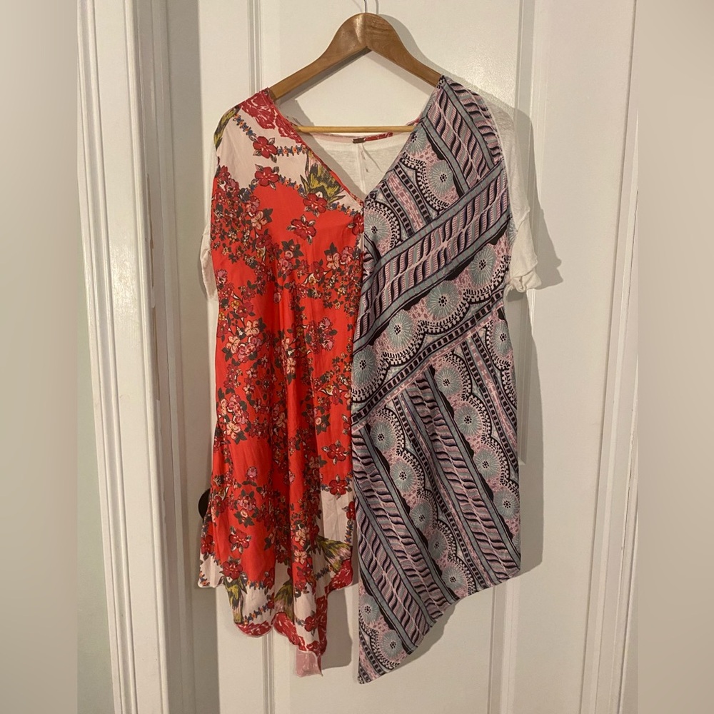Free People Mixed-Print and Media V-Neck Handkerchief Blouse